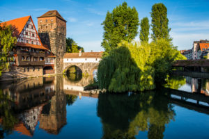 Old timbered houses and hanging tower, Nuremberg, Middle Franconia, Bavaria, Germany, Europe Old timbered houses and hanging tower, Nuremberg, Middle Franconia, Bavaria, Germany, Europe